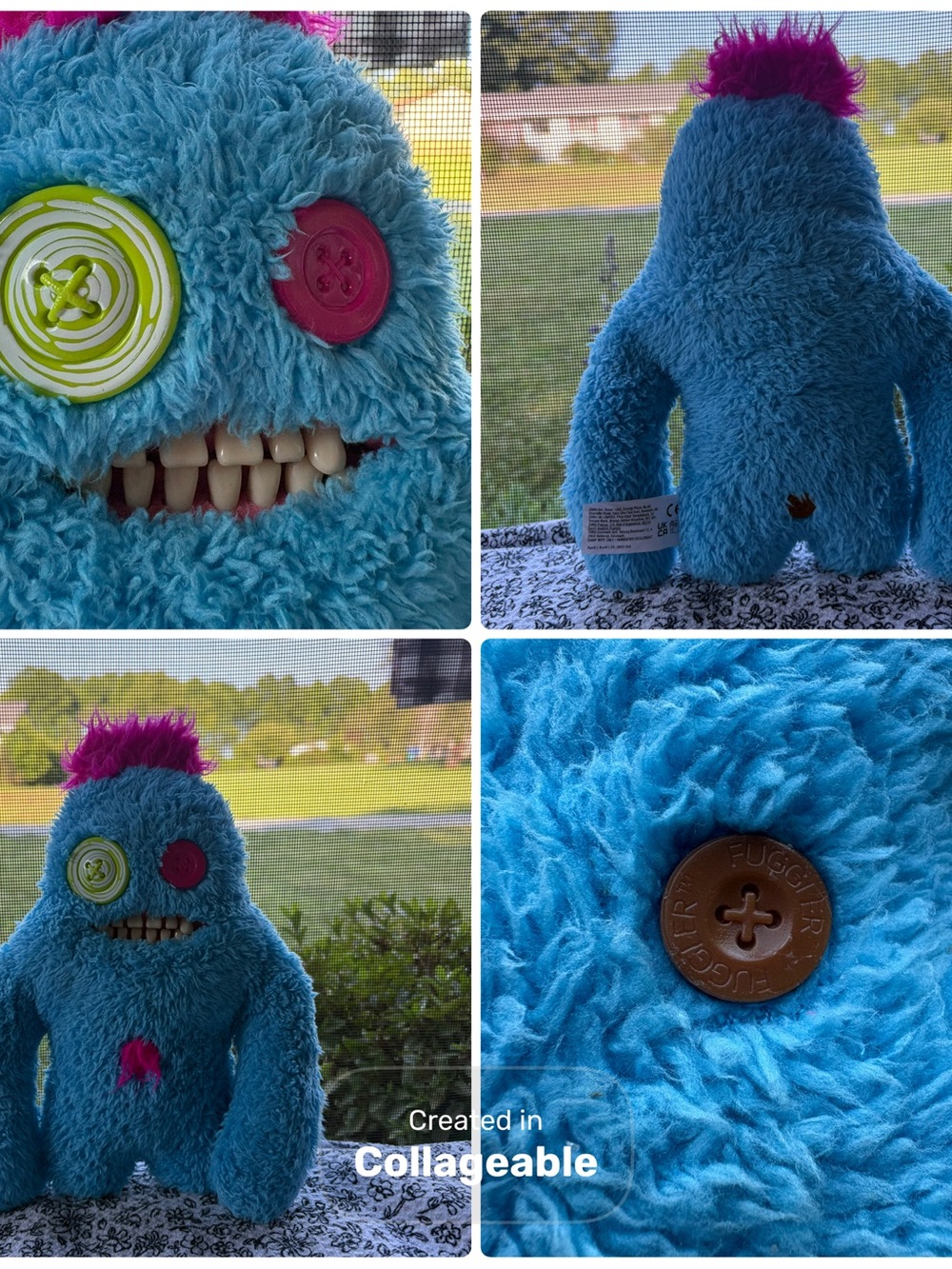 Blue Fuzzy Monster Plush with Pink Hair and Button Eyes
